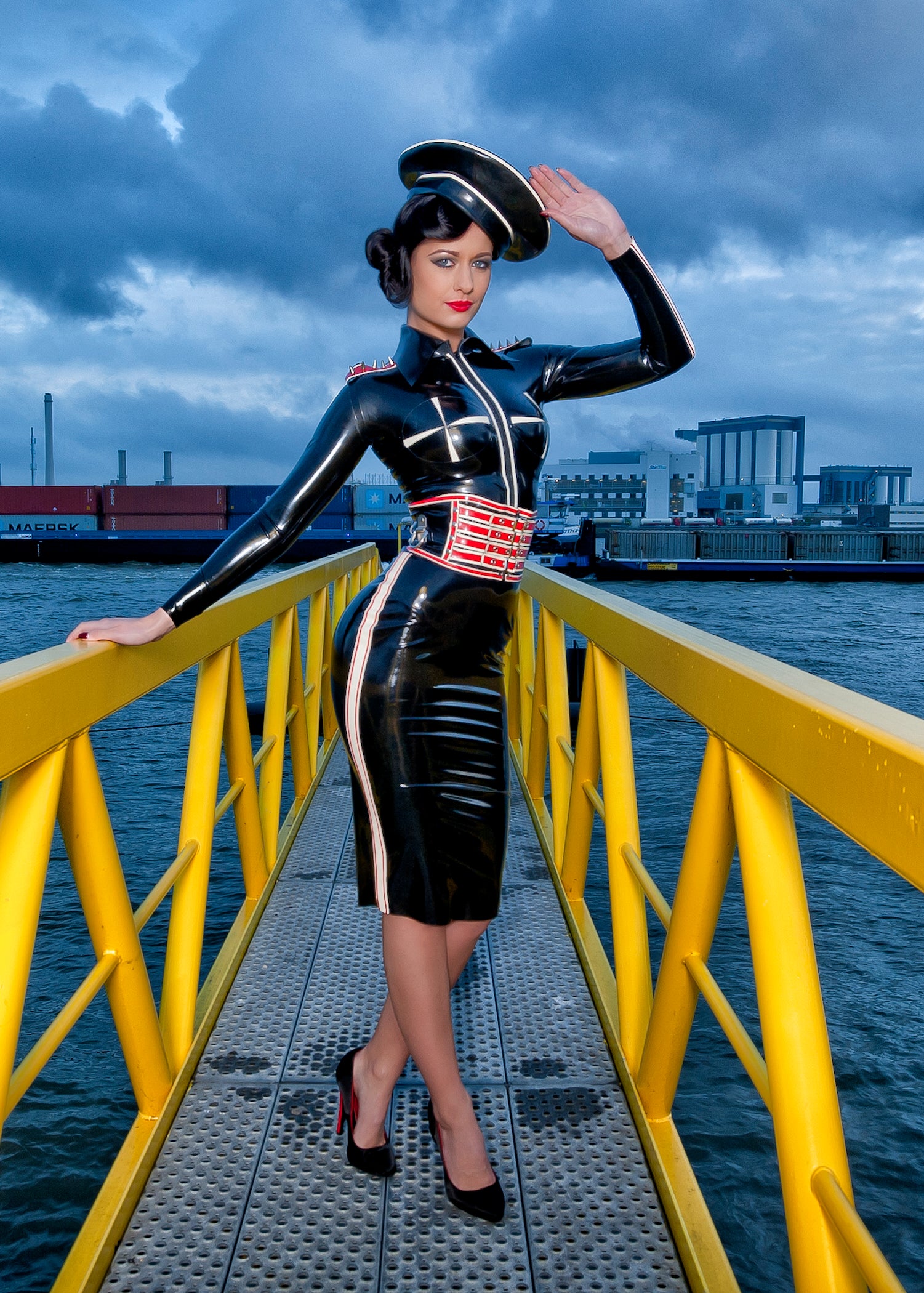 Latex  Pencil Skirt Aviator style with side stripes