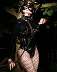 Latex megaboob inflate body worn with Diamonda Waspie. Black and metallic lilac latex.