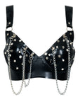Black latex bra with chain and stud details on a white background