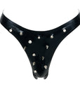 Black latex thong with silver studs on a white background