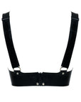 Black latex bra with small zip closure back view on a white background