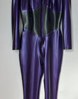 Purple and black latex catsuit on a hanger against a white background