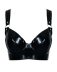 Black latex bra with straps on a white background