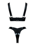 Latex Underwired Bra and Thong set featuring adjustable straps and D ring attachments in classic black latex.
