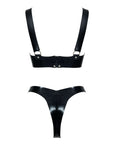 Latex Underwired Bra and Thong set featuring adjustable straps and D ring attachments in classic black latex.