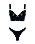 Latex Underwired Bra and Thong set in classic black latex with adjustable straps and D ring attachments.