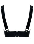 Black latex bra with small zip closure back view on a white background