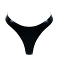 Black latex high leg thong on a white background