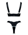 back view of a Leopard print and black latex bra and thong set with black straps on a white background