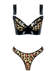 Leopard print latex bra and thong set with black straps on a white background