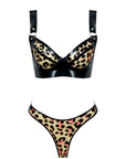 Leopard print latex bra and thong set with black straps on a white background