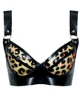 Latex Leopard print bra with black straps on a white background
