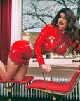 Latex Vertigo Megaboob Dress with bolts. side view
