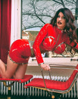 Latex Vertigo Megaboob Dress with bolts. side view