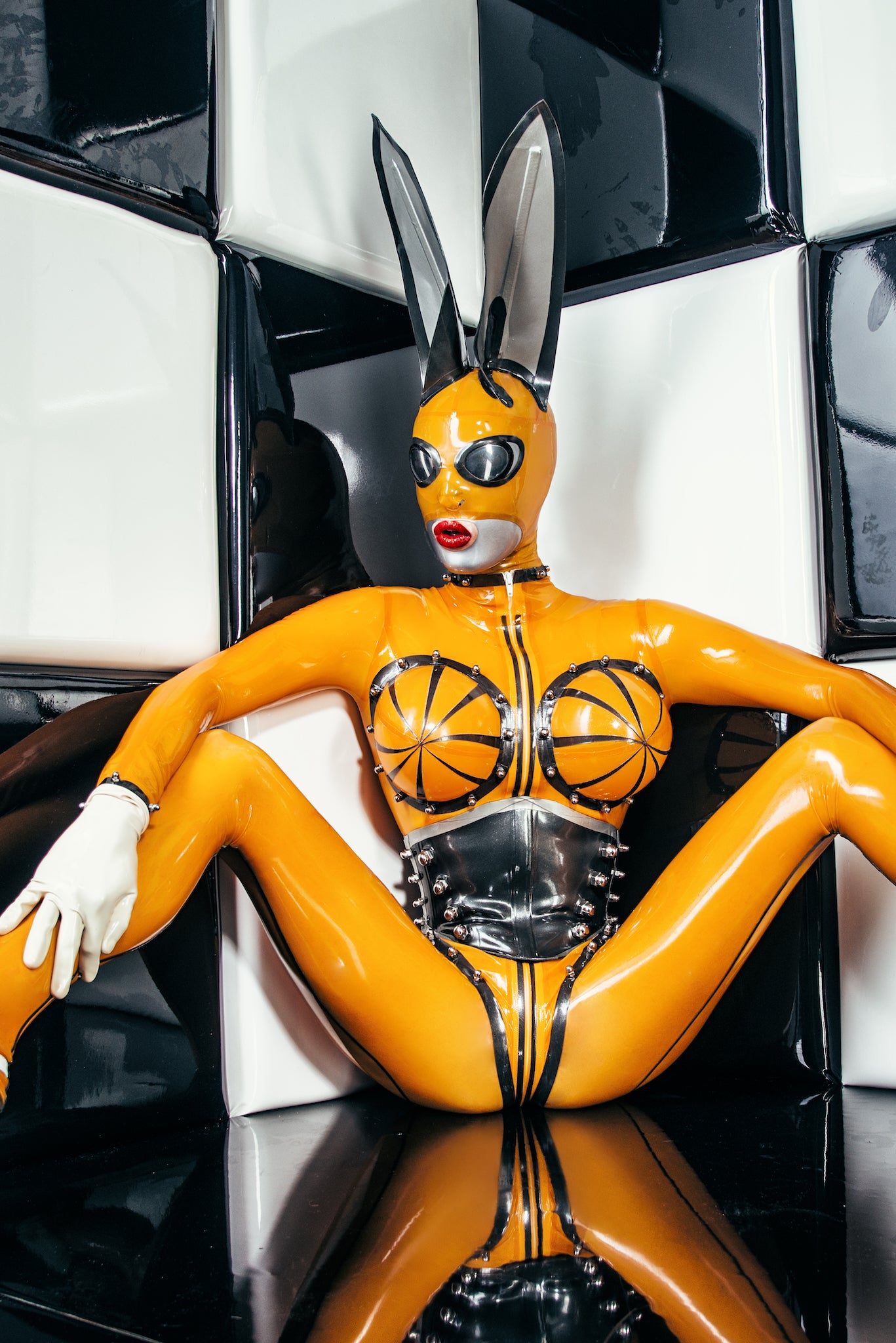 Open mouth latex hood with extra long Rabbit ears