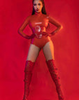 Latex Long Sleeve Bodysuit with back zip worn with the Andromeda Corset.