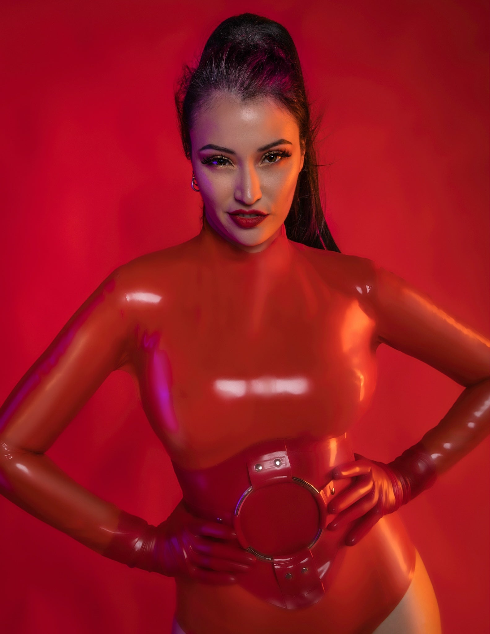 Latex long sleeve classic body with back zip and low cut leg.