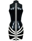 back view of a late dress in black with white starburst design