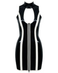 Latex dress in black with vertical white stripes and cut out neckline