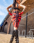 Starburst Bondinage latex skirt with special startburst design on back and stripes on the front. Contrasting colours.