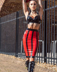 Starburst Bondinage latex skirt with special startburst design on back and stripes on the front. Contrasting colours.