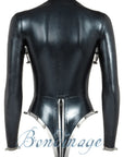 Made To Measure Vertigo Latex Megaboob Bodysuit back view featuring stainless steel fixtures and metallic latex.