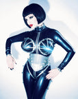 Made To Measure Vertigo Latex Megaboob Bodysuit on a model showcasing latex metallic finish and inflatable features.