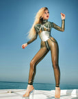 Stunning Vertigo Catsuit with metal bolts in Semi transparent olive lates trimmed with silver latex.