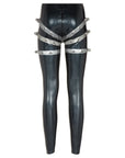 Latex leggings with unique pattern on back and added metal bolts on back and sides..