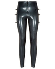 Latex leggings with unique pattern on back and added metal bolts.