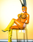 Bondinage megaboob inflate body shown here with tights and long eared bunny rabbit hood.
