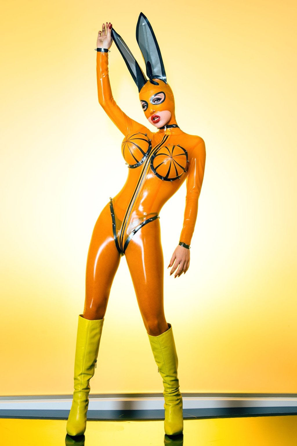 Vertigo latex megaboob inflate body shown here with tights and the Bunny rabbit hood.