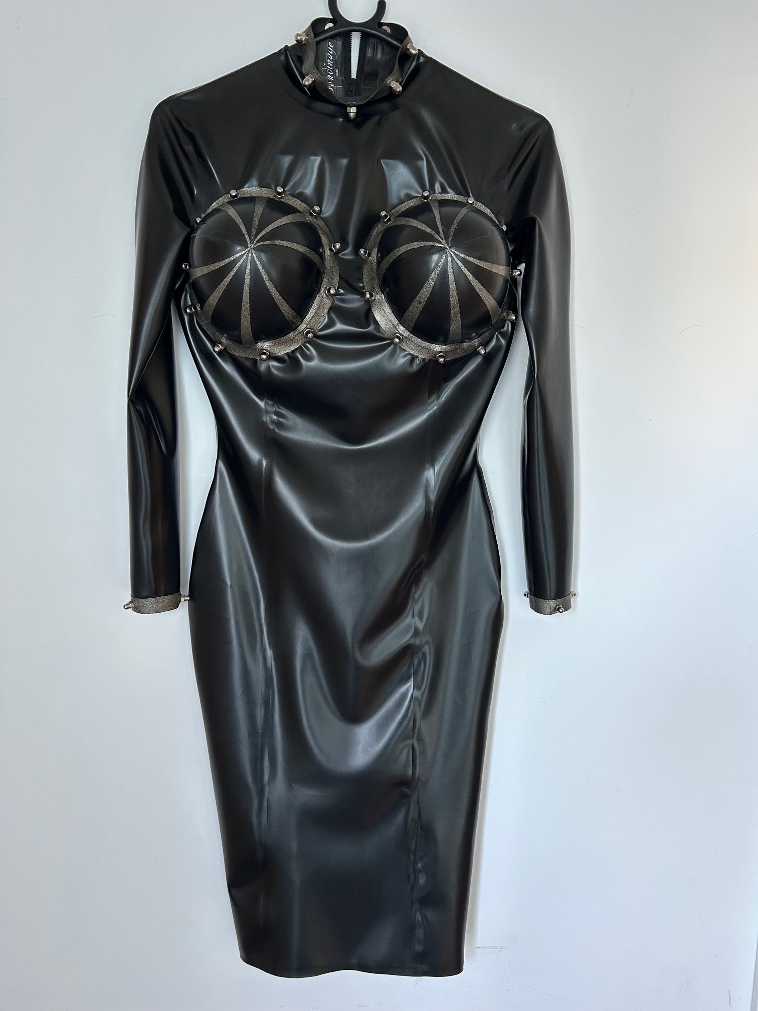 Aurora Megaboob Latex Dress Bondinage Front View in Black