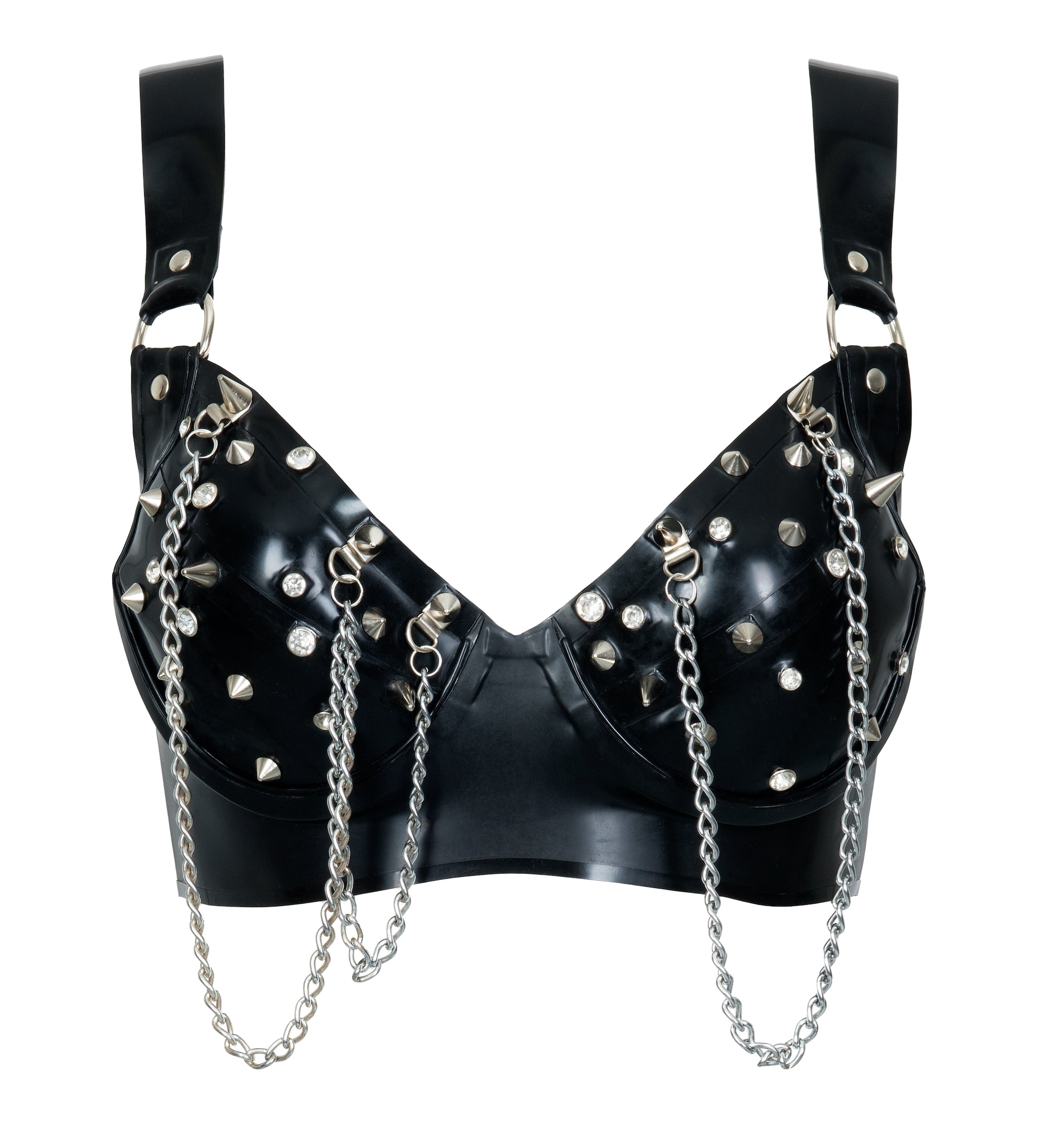Black latex bra with chain and stud details on a white background