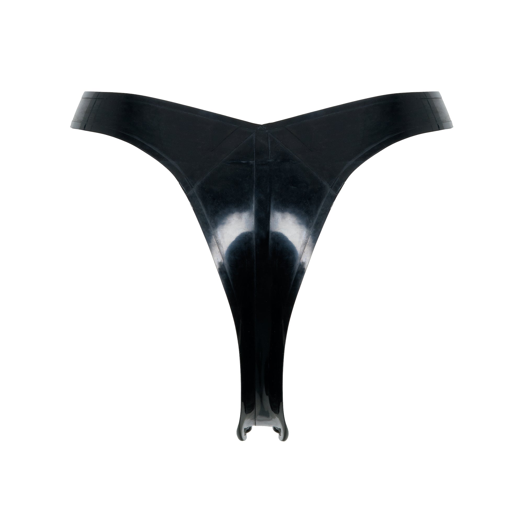 Black latex thong on a white background