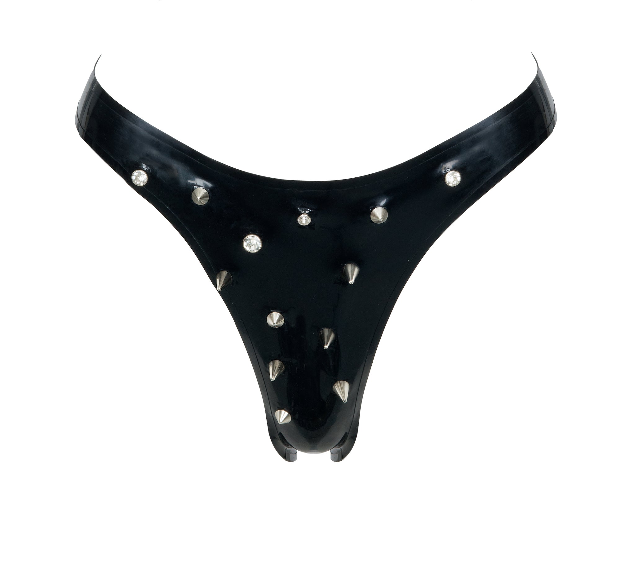 Black latex thong with silver studs on a white background