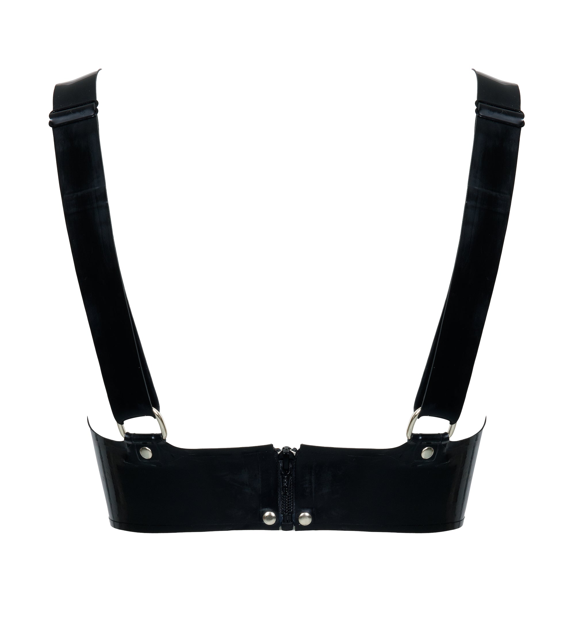 Black latex bra with small zip closure back view on a white background