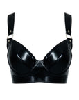 Black latex bra with straps on a white background
