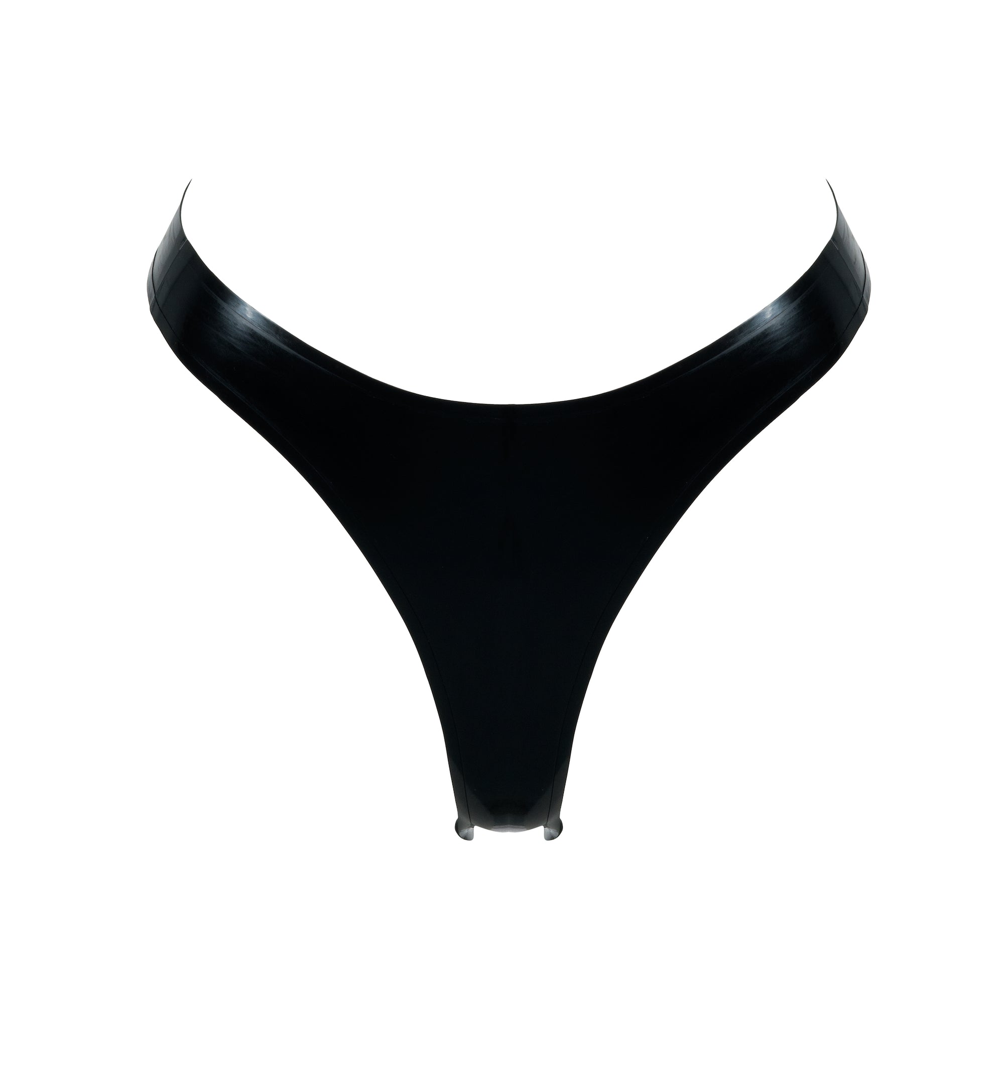 Black latex thong on a white background