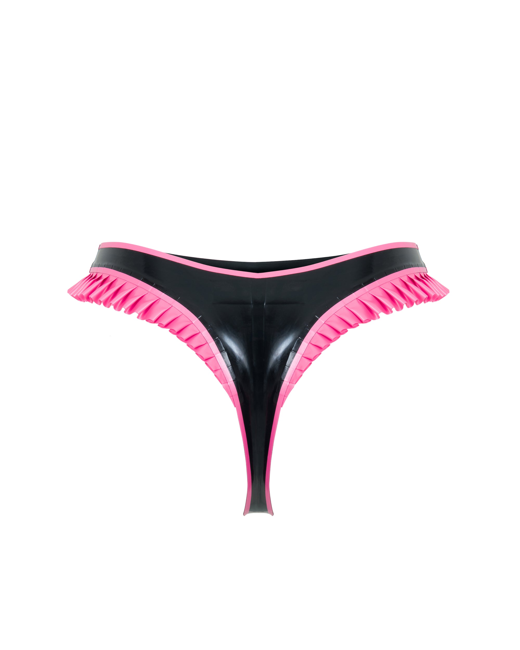 Black latex thong with pink latex frill trim on a white background