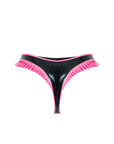 Black latex thong with pink latex frill trim on a white background