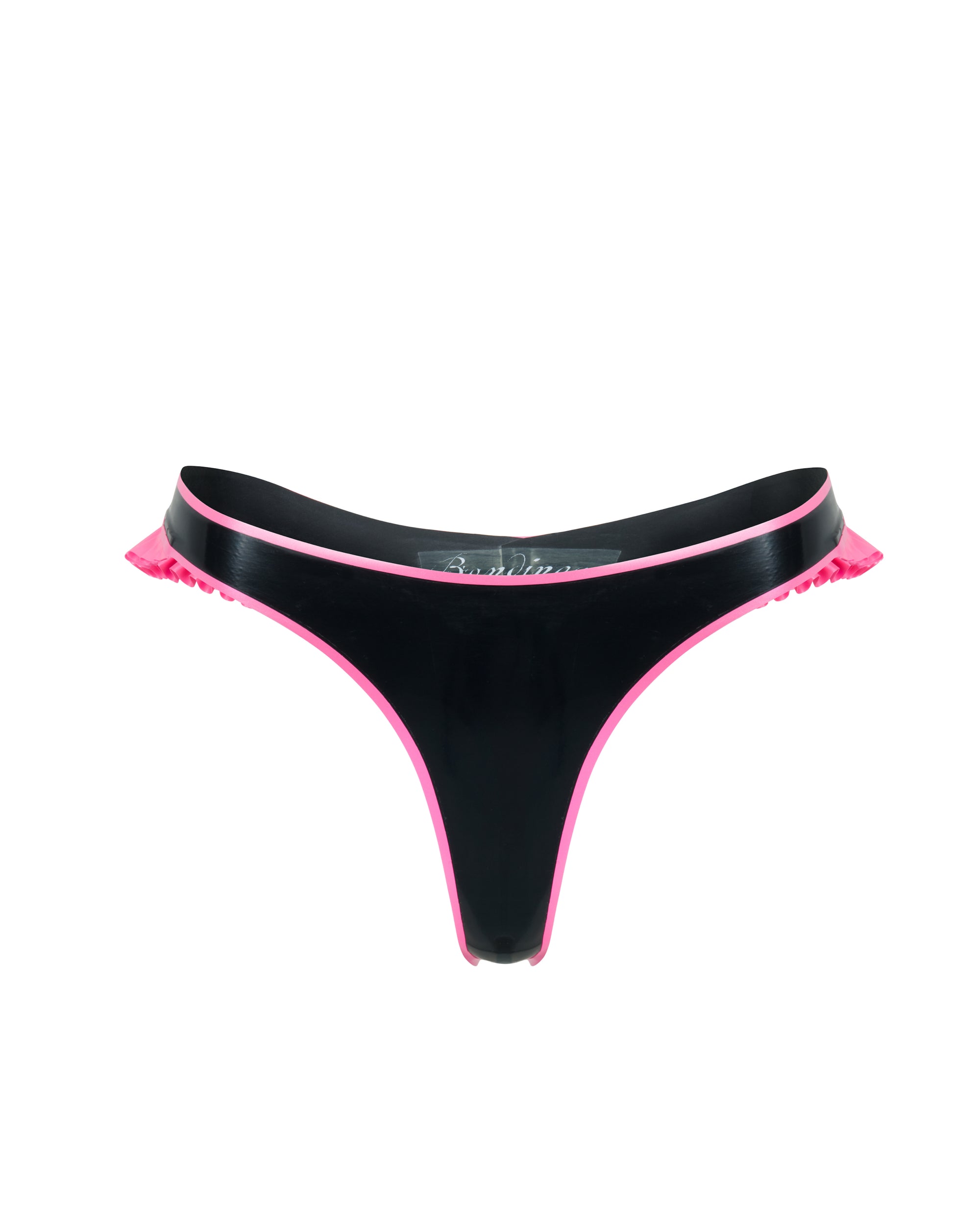 Black latex thong with pink frill trim on a white background