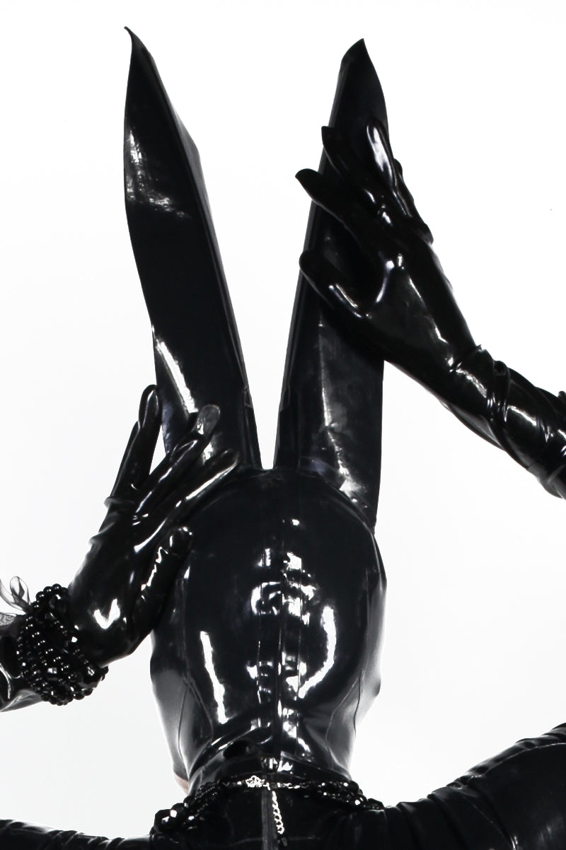 Back view showing zip of latex hood with extra long Rabbit ears