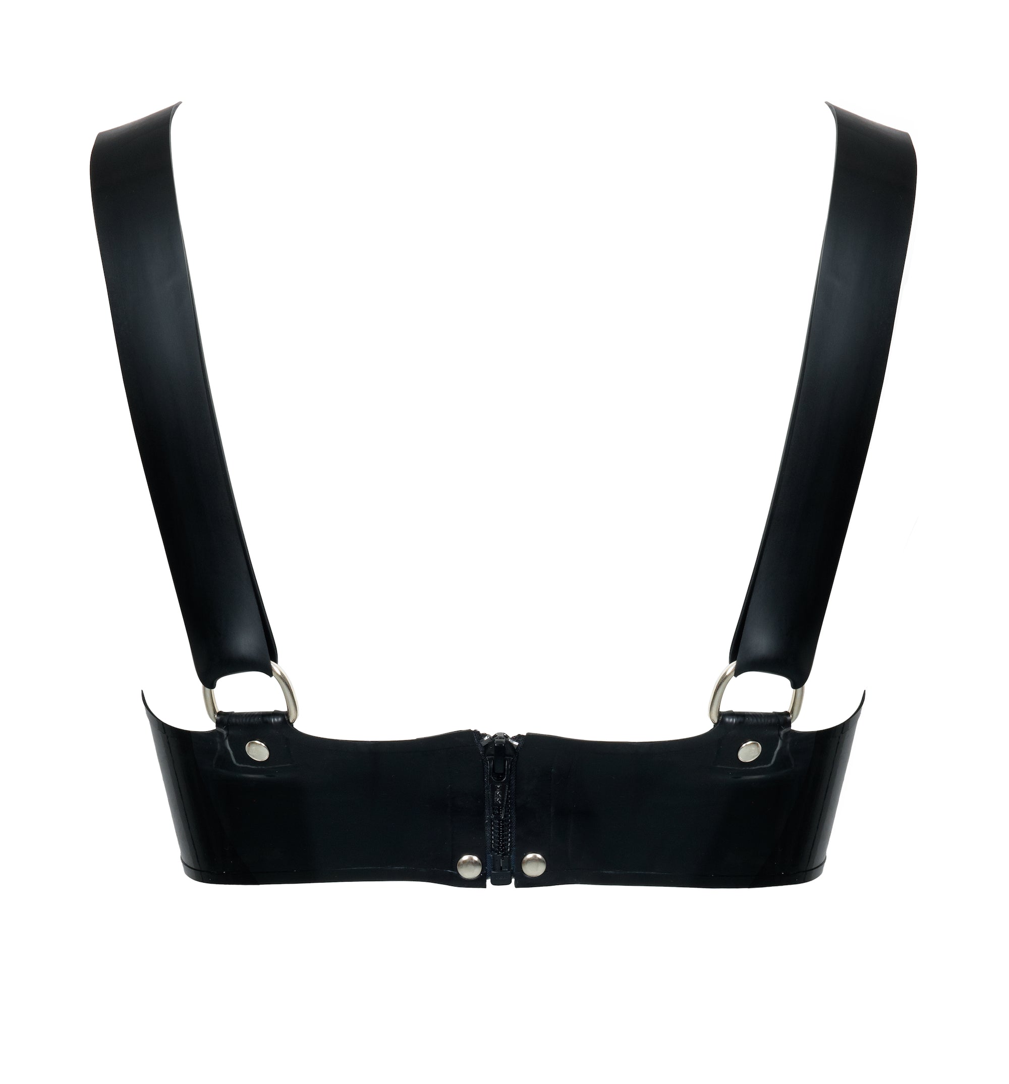 Black Latex Bra with straps on a white background