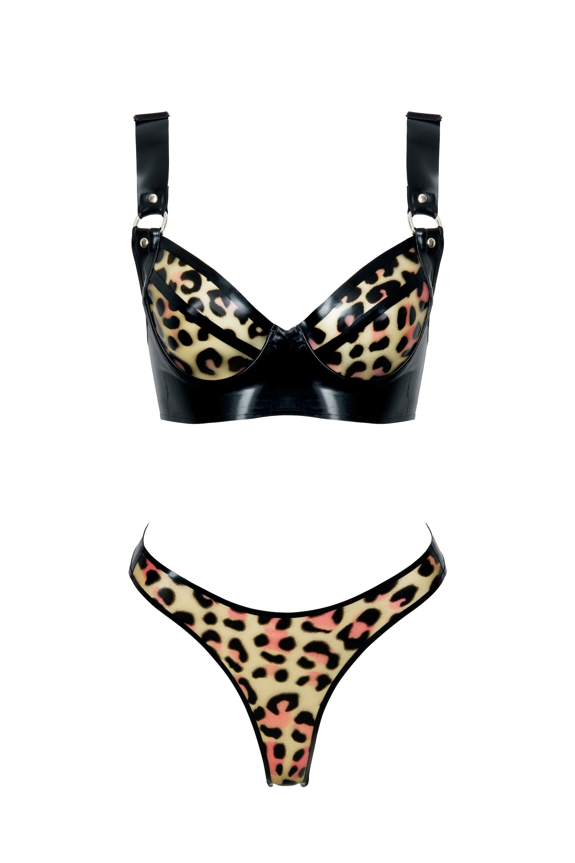 Leopard print latex bra and thong set with black straps on a white background