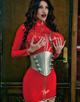 Famous Vertigo latex dress with inflatable megaboobs and metal bolt trim. 