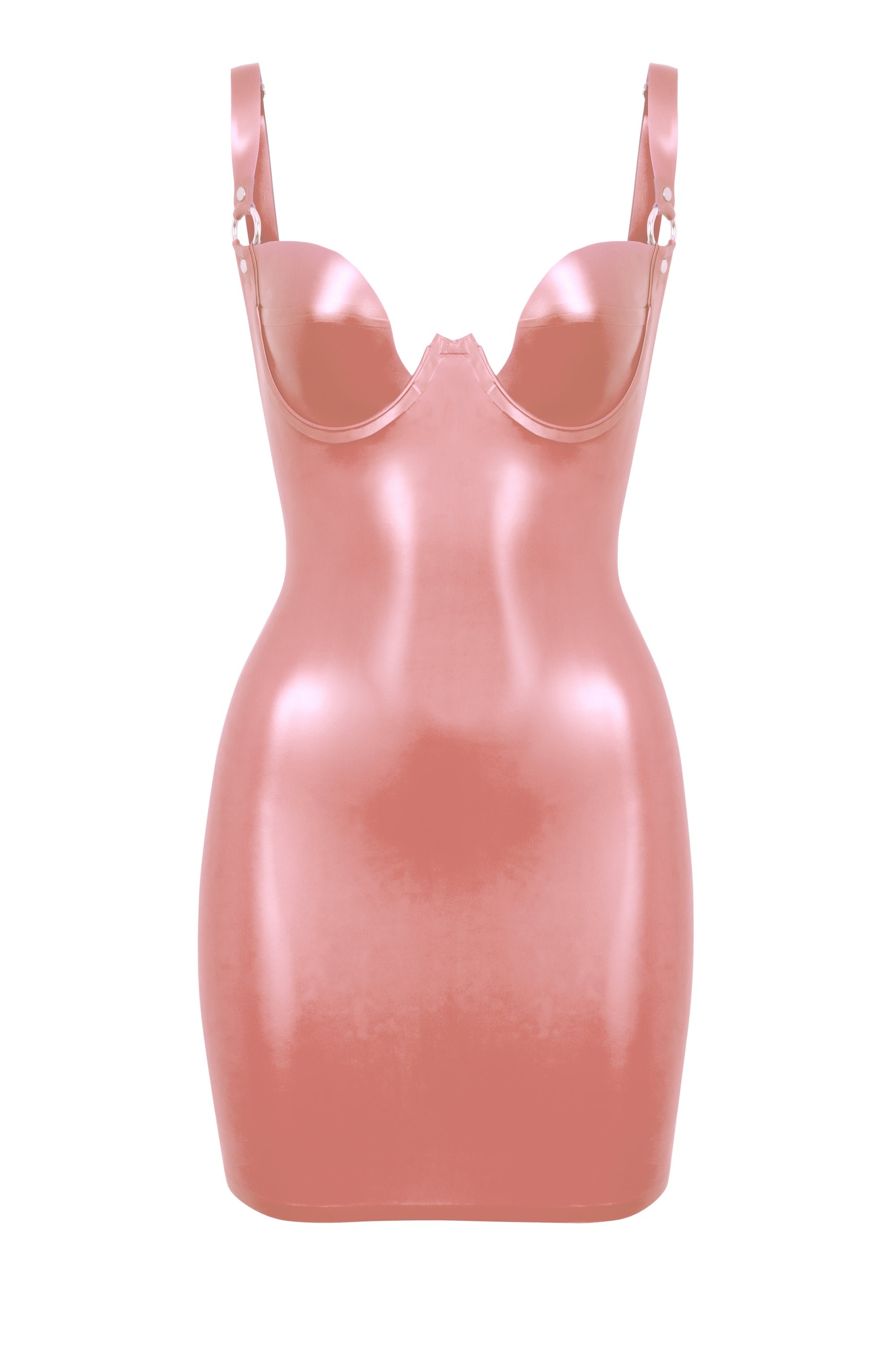 Metallic Rose latex dress with thin straps on a white background