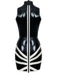 Black latex dress with white contrast Satrburst design on the back with vertical stripes down the centre back