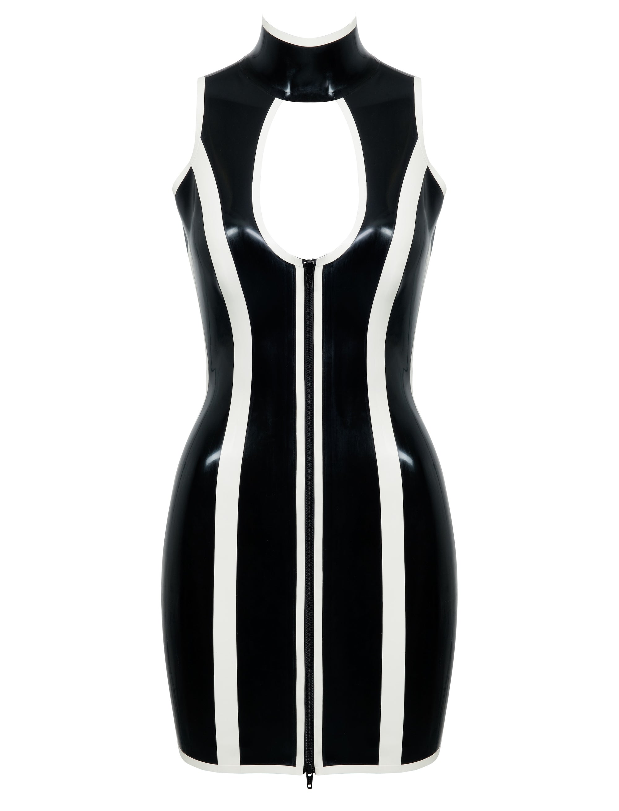 Latex dress in black with vertical white stripes and cut out neckline