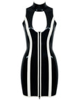 Latex dress in black with vertical white stripes and cut out neckline